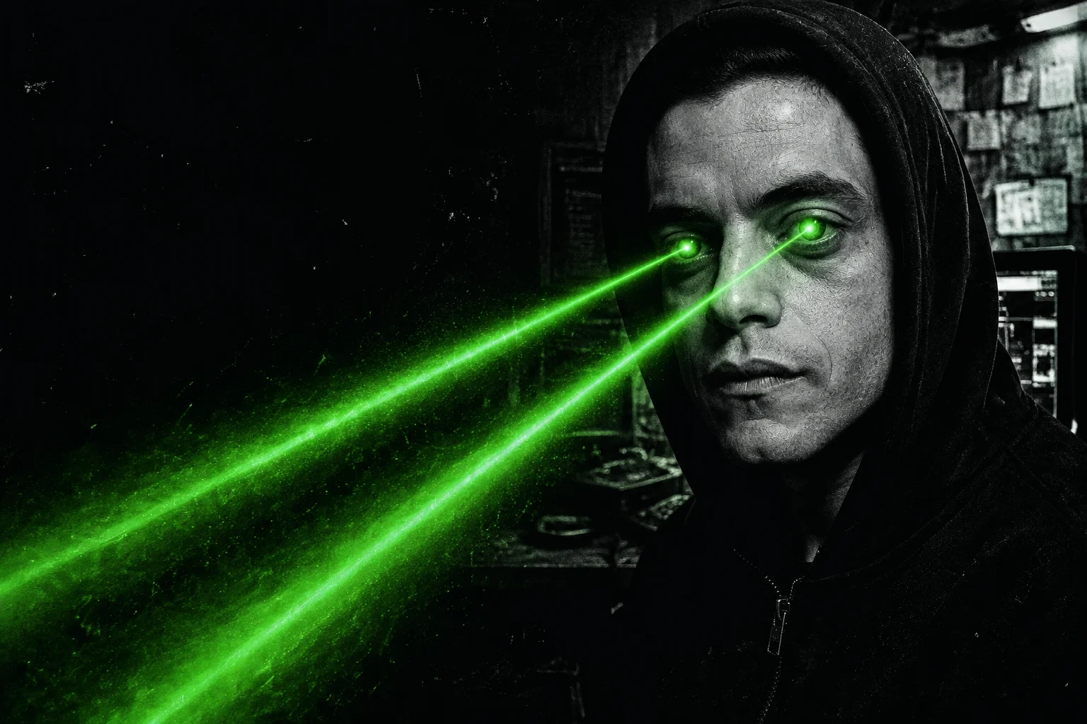 Mr. Robot with green laser eyes